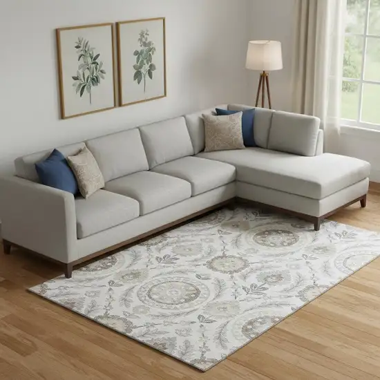 Silver Gray And Beige Floral Washable Area Rug With UV Protection Photo 1