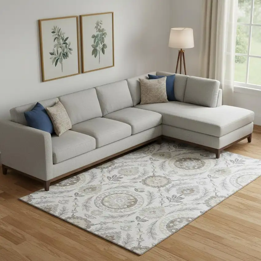 Silver Gray And Beige Floral Washable Area Rug With UV Protection Photo 1