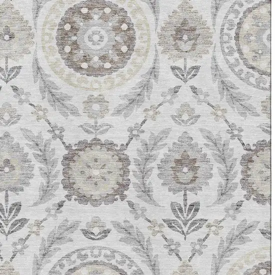 Silver Gray And Beige Floral Washable Area Rug With UV Protection Photo 3