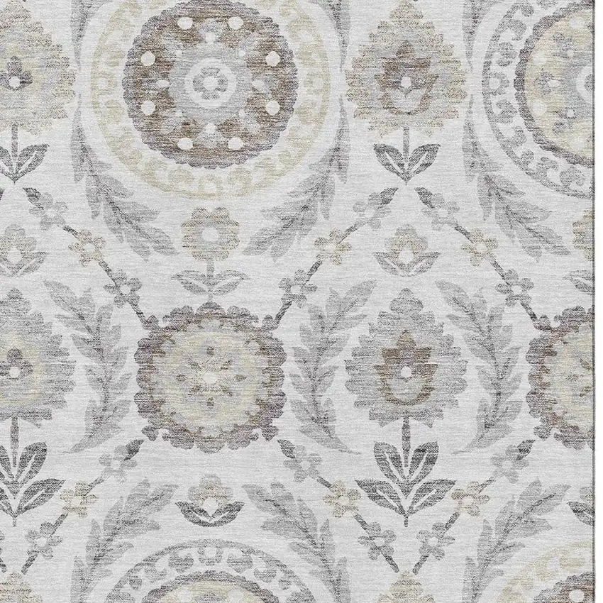 Silver Gray And Beige Floral Washable Area Rug With UV Protection Photo 3