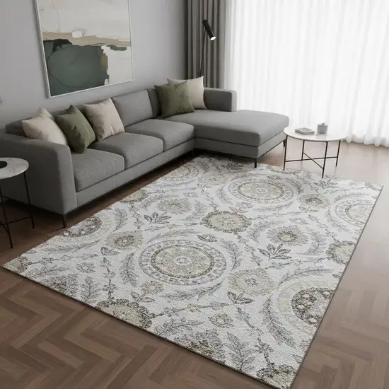 Silver Gray And Beige Floral Washable Area Rug With UV Protection Photo 2