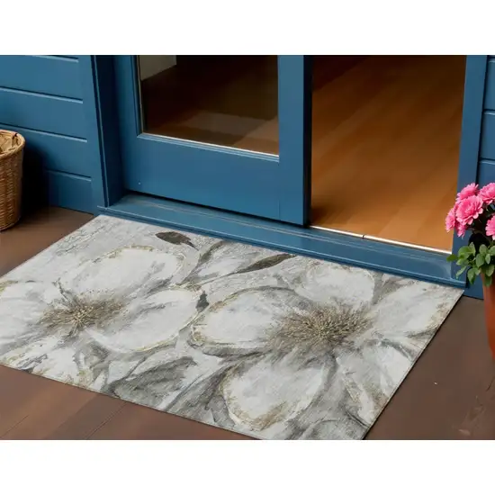 Silver Gray And Beige Floral Washable Indoor Outdoor Area Rug Photo 2