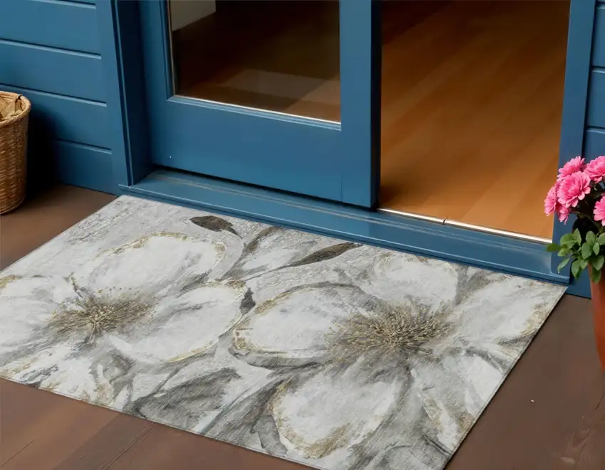 Silver Gray And Beige Floral Washable Indoor Outdoor Area Rug Photo 2