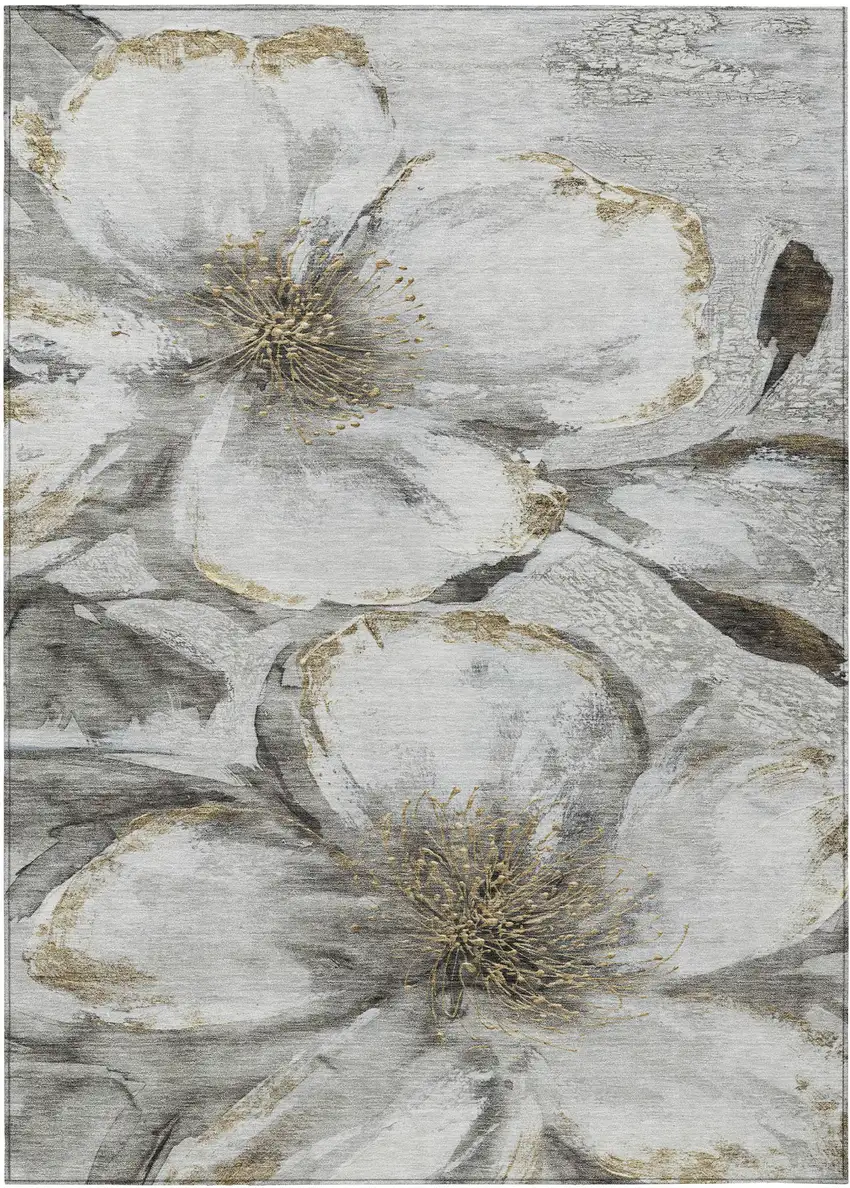 Silver Gray And Beige Floral Washable Indoor Outdoor Area Rug Photo 8