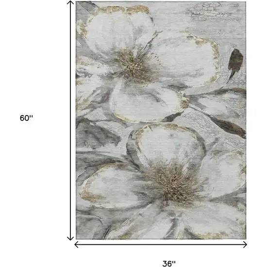 Silver Gray And Beige Floral Washable Indoor Outdoor Area Rug Photo 9