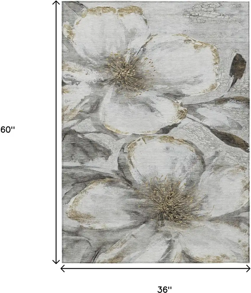 Silver Gray And Beige Floral Washable Indoor Outdoor Area Rug Photo 9