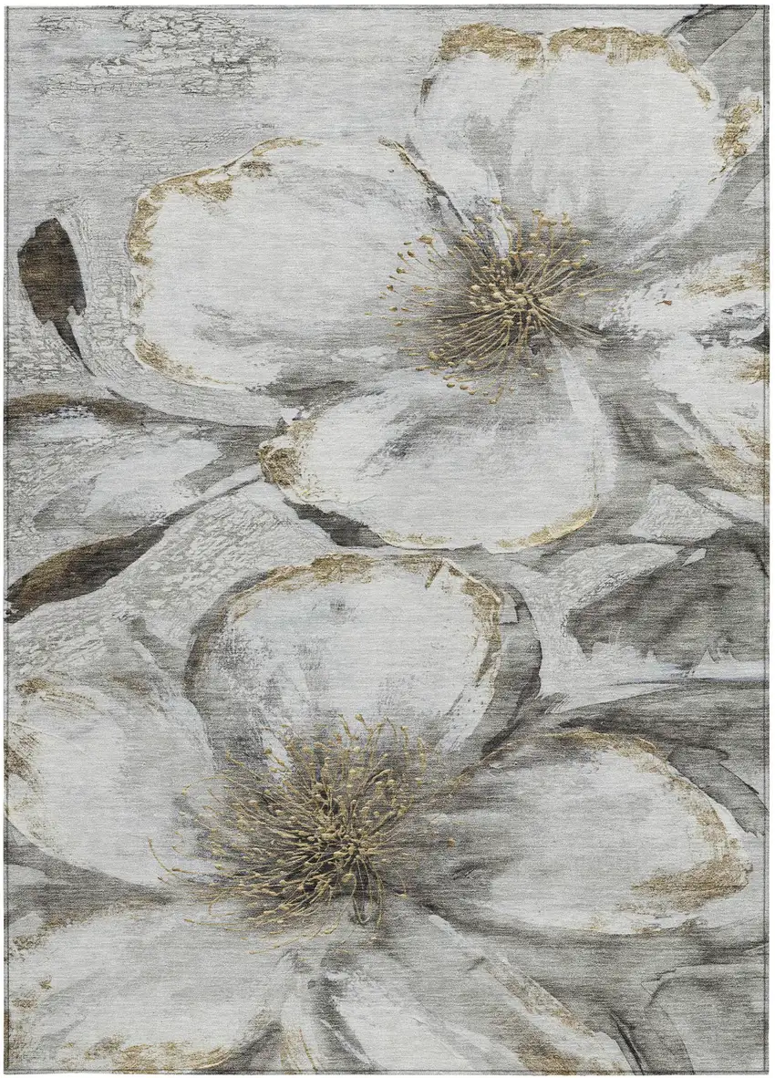 Silver Gray And Beige Floral Washable Indoor Outdoor Area Rug Photo 6