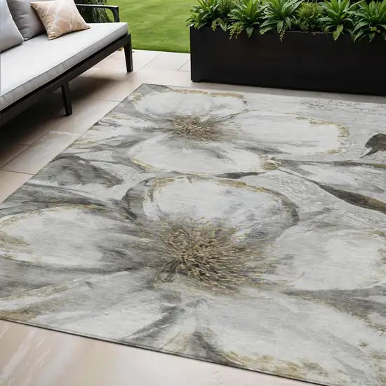 Silver Gray And Beige Floral Washable Indoor Outdoor Area Rug Photo 2