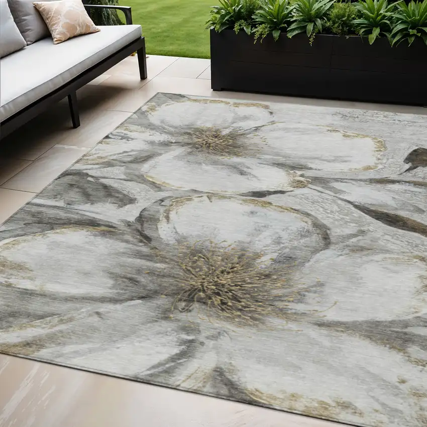 Silver Gray And Beige Floral Washable Indoor Outdoor Area Rug Photo 2