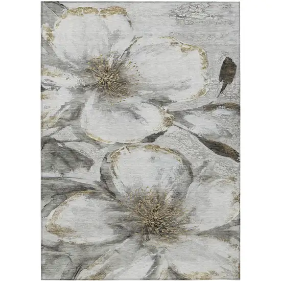 Silver Gray And Beige Floral Washable Indoor Outdoor Area Rug Photo 8