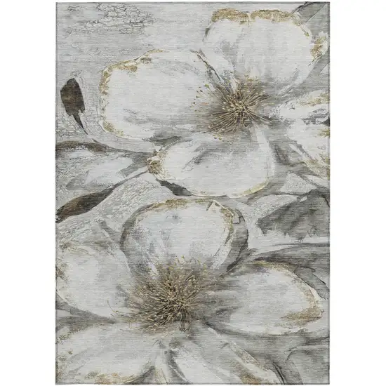 Silver Gray And Beige Floral Washable Indoor Outdoor Area Rug Photo 9
