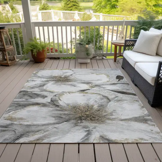 Silver Gray And Beige Floral Washable Indoor Outdoor Area Rug Photo 7