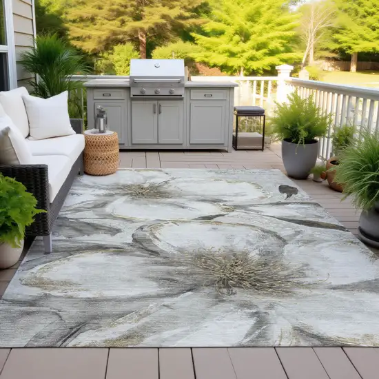 Silver Gray And Beige Floral Washable Indoor Outdoor Area Rug Photo 4
