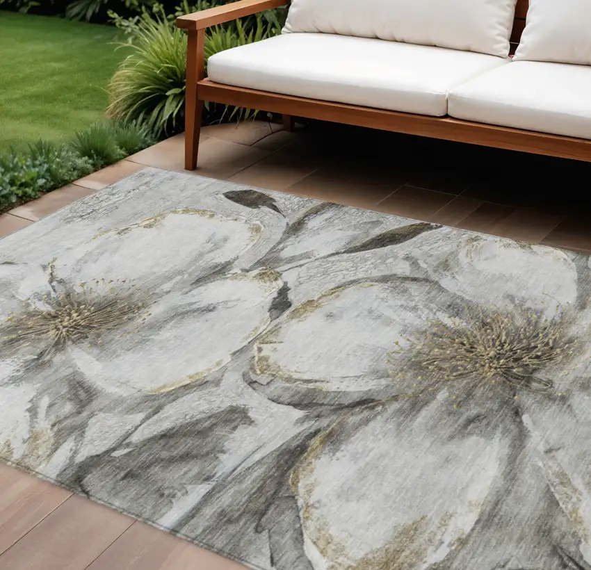 Silver Gray And Beige Floral Washable Indoor Outdoor Area Rug Photo 2