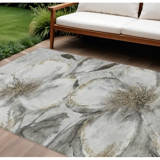 Silver Gray And Beige Floral Washable Indoor Outdoor Area Rug Photo 2