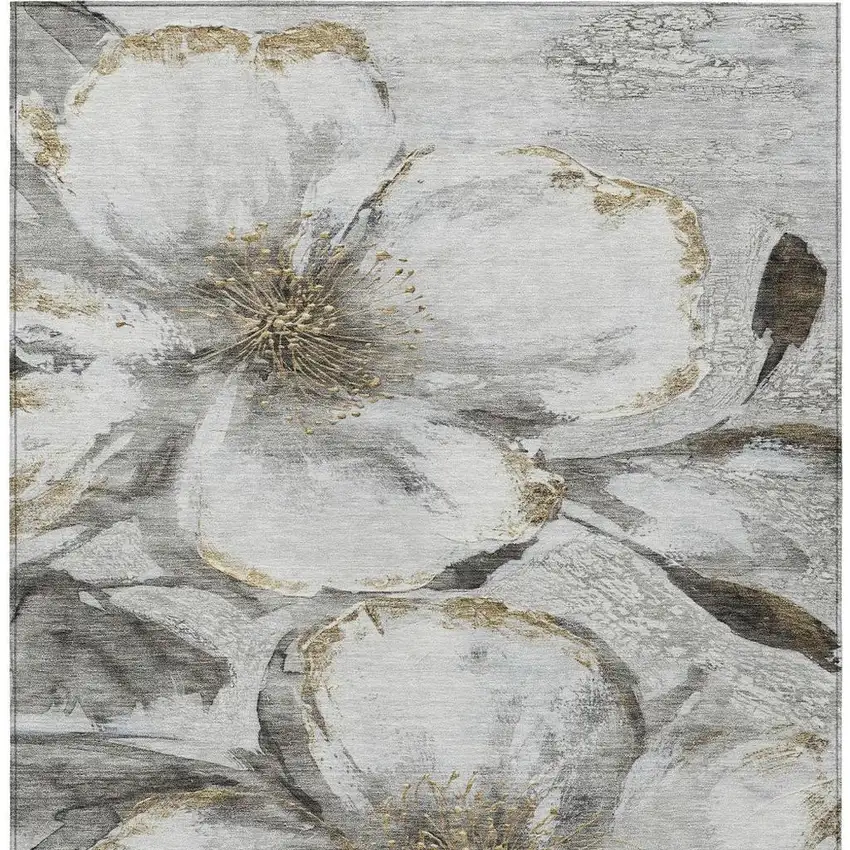 Silver Gray And Beige Floral Washable Indoor Outdoor Area Rug Photo 9