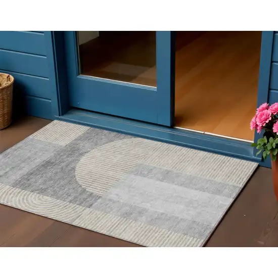 Silver Gray And Beige Geometric Washable Indoor Outdoor Area Rug Photo 1