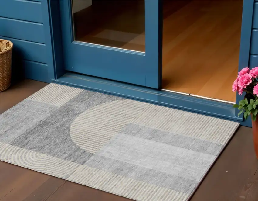 Silver Gray And Beige Geometric Washable Indoor Outdoor Area Rug Photo 1