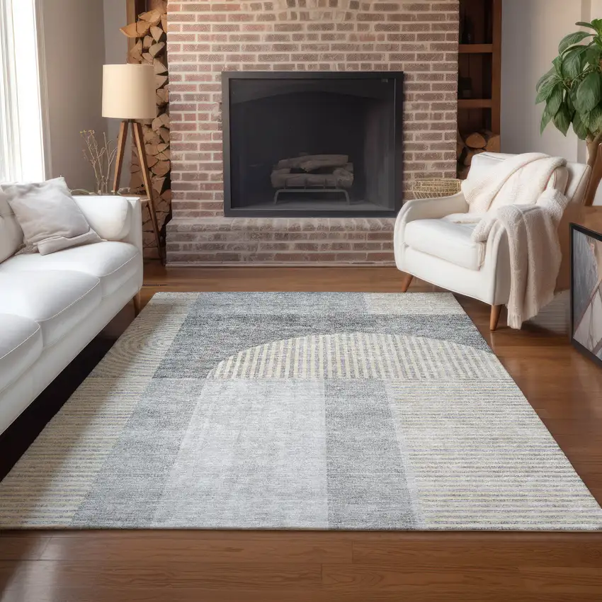 Silver Gray And Beige Geometric Washable Indoor Outdoor Area Rug Photo 8