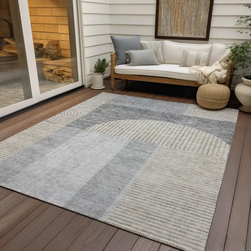 Silver Gray And Beige Geometric Washable Indoor Outdoor Area Rug Photo 7