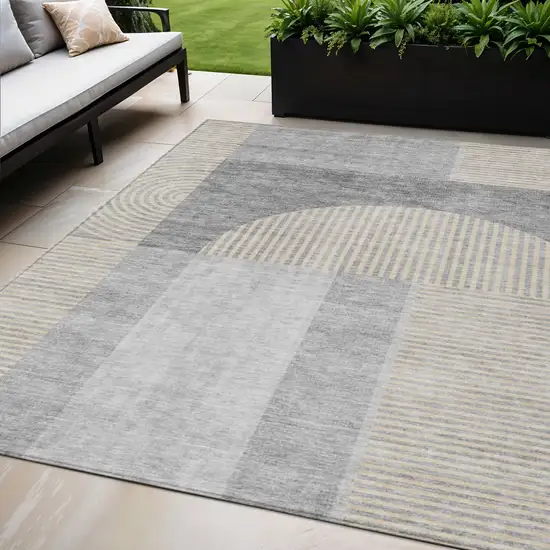Silver Gray And Beige Geometric Washable Indoor Outdoor Area Rug Photo 1