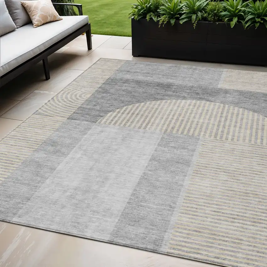 Silver Gray And Beige Geometric Washable Indoor Outdoor Area Rug Photo 1