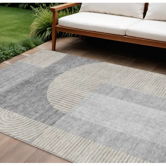 Silver Gray And Beige Geometric Washable Indoor Outdoor Area Rug Photo 1
