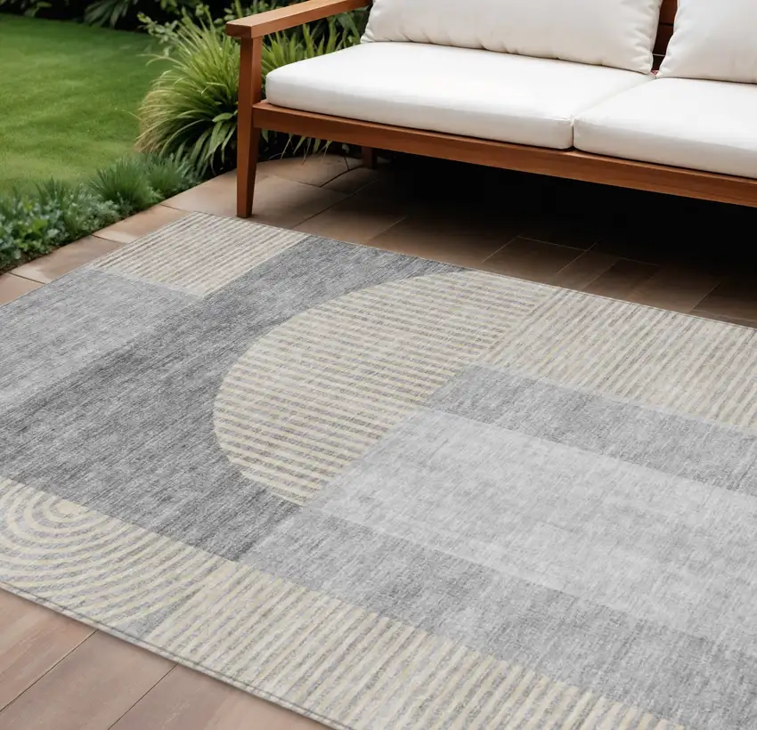 Silver Gray And Beige Geometric Washable Indoor Outdoor Area Rug Photo 1