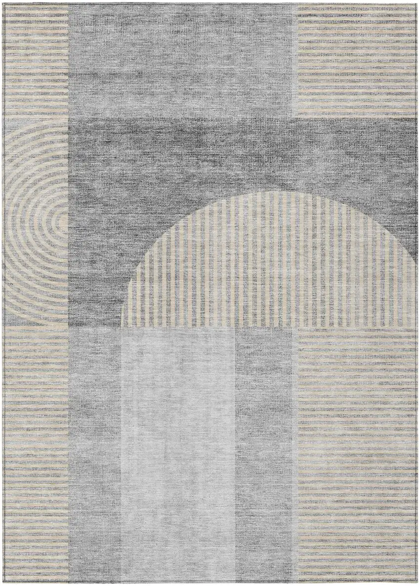 Silver Gray And Beige Geometric Washable Indoor Outdoor Area Rug Photo 1
