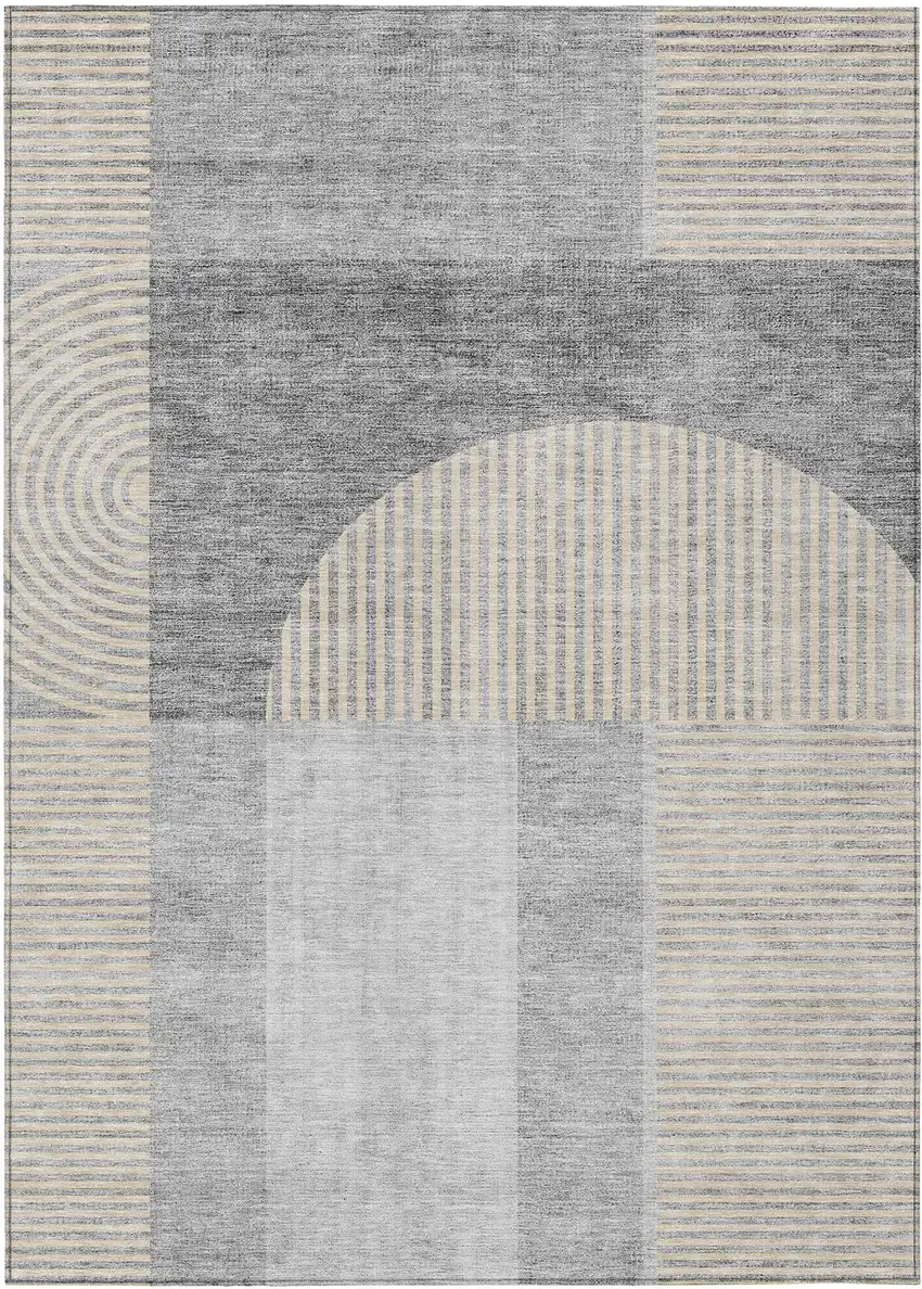 Silver Gray And Beige Geometric Washable Indoor Outdoor Area Rug Photo 1