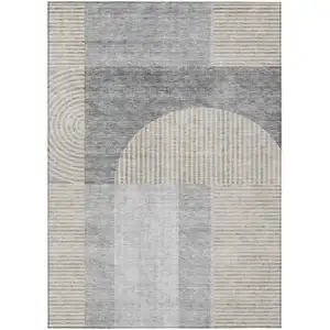 Photo of Silver Gray And Beige Geometric Washable Indoor Outdoor Area Rug