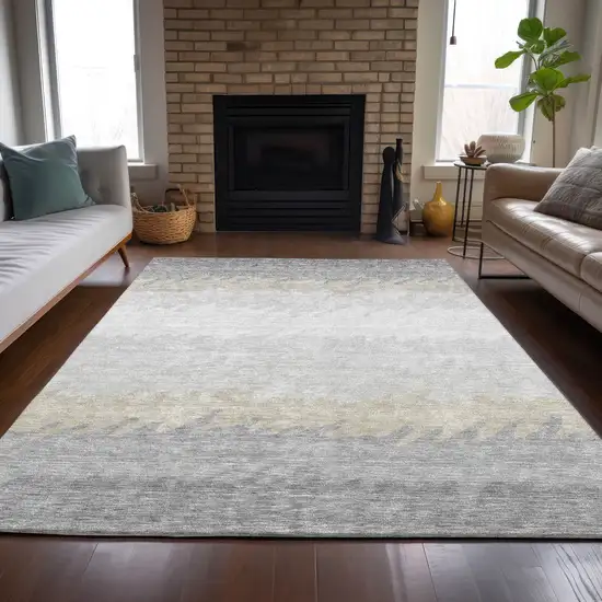 Silver Gray And Beige Striped Washable Indoor Outdoor Area Rug Photo 6