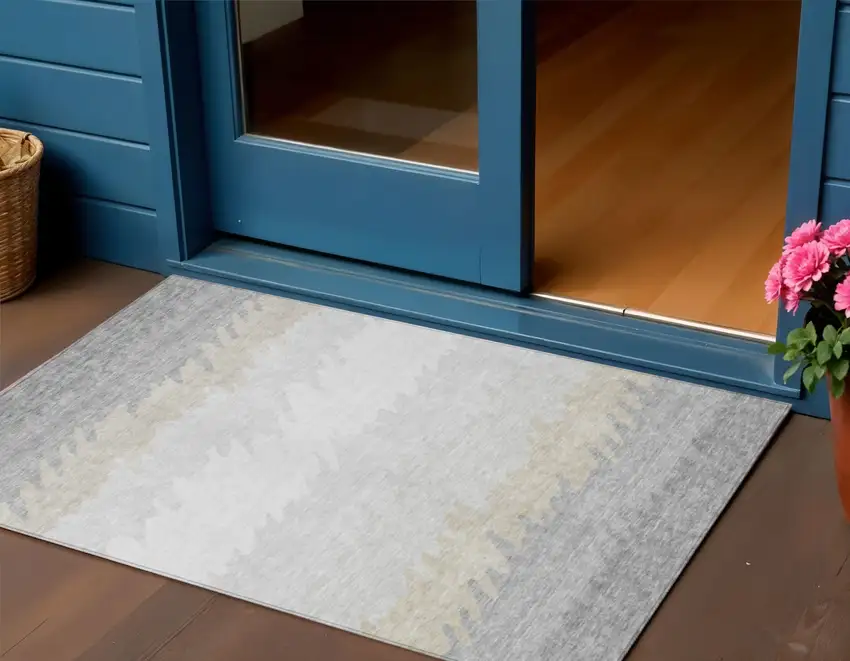 Silver Gray And Beige Striped Washable Indoor Outdoor Area Rug Photo 1