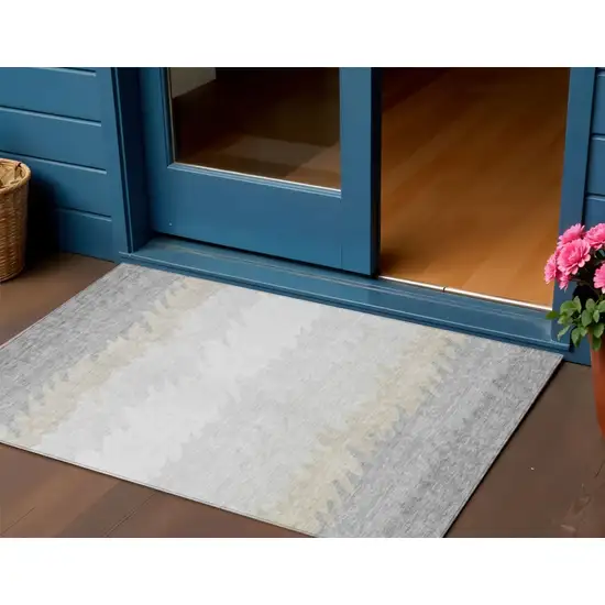 Silver Gray And Beige Striped Washable Indoor Outdoor Area Rug Photo 1
