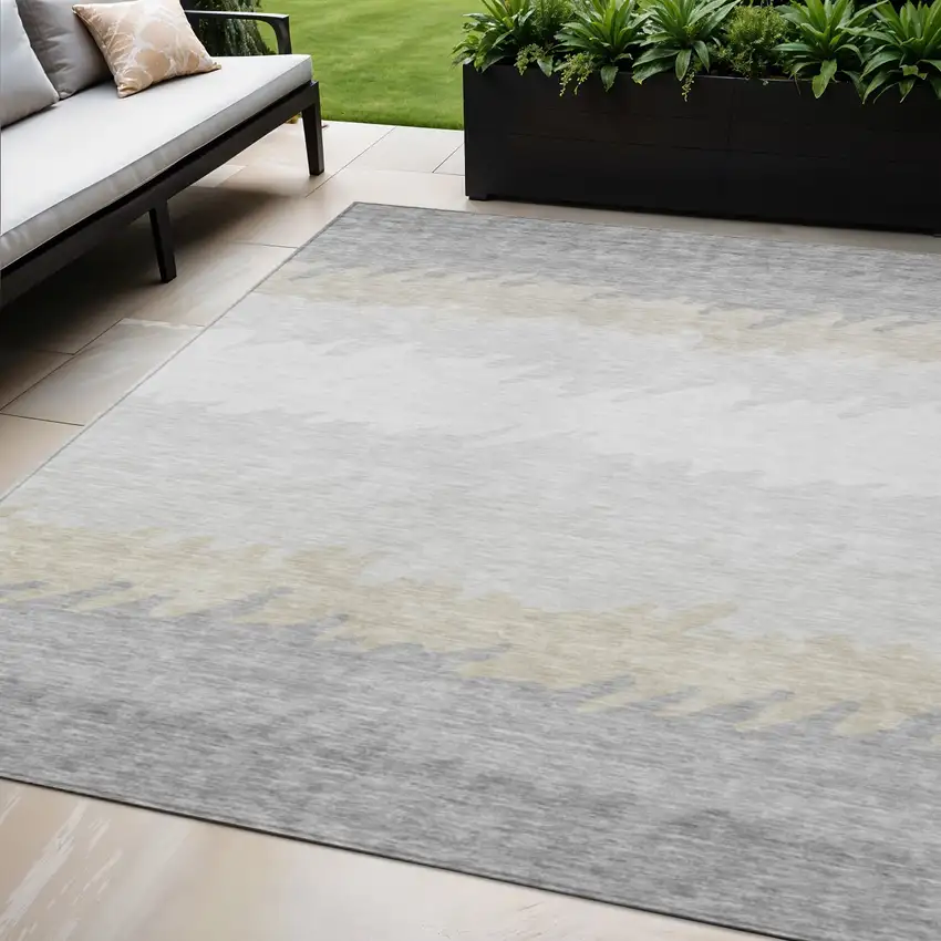 Silver Gray And Beige Striped Washable Indoor Outdoor Area Rug Photo 1