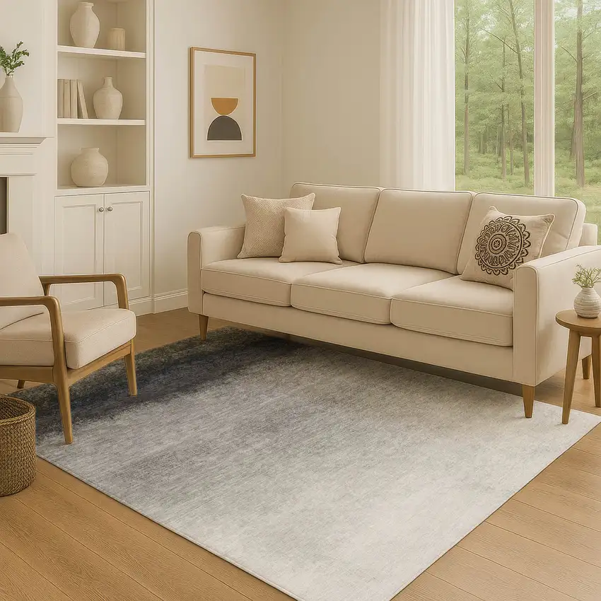 Silver Gray And Black Ombre Washable Area Rug With UV Protection Photo 5