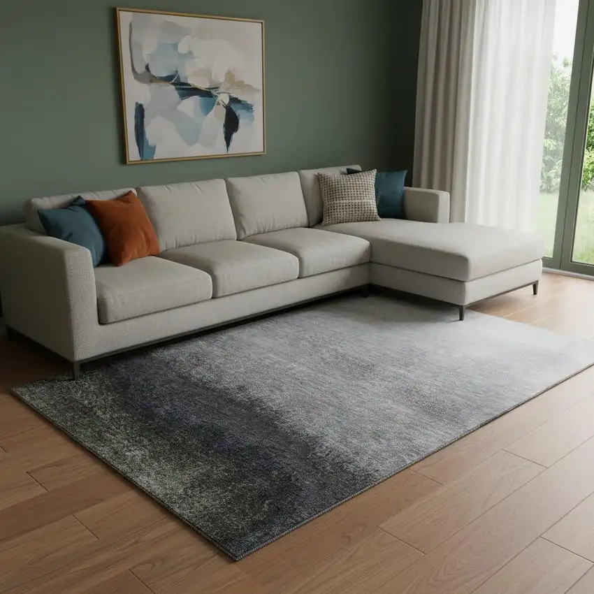 Silver Gray And Black Ombre Washable Area Rug With UV Protection Photo 2