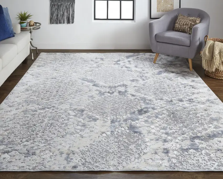 Silver Gray And Blue Animal Print Power Loom Distressed Area Rug Photo 6
