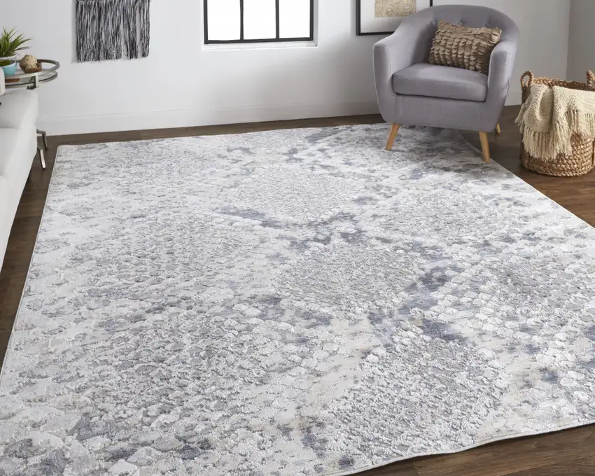 Silver Gray And Blue Animal Print Power Loom Distressed Area Rug Photo 7