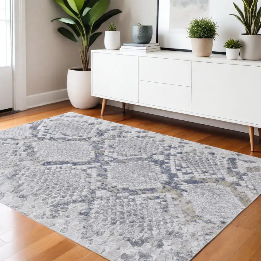 Gray Silver And Blue Geometric Distressed Area Rug Photo 1