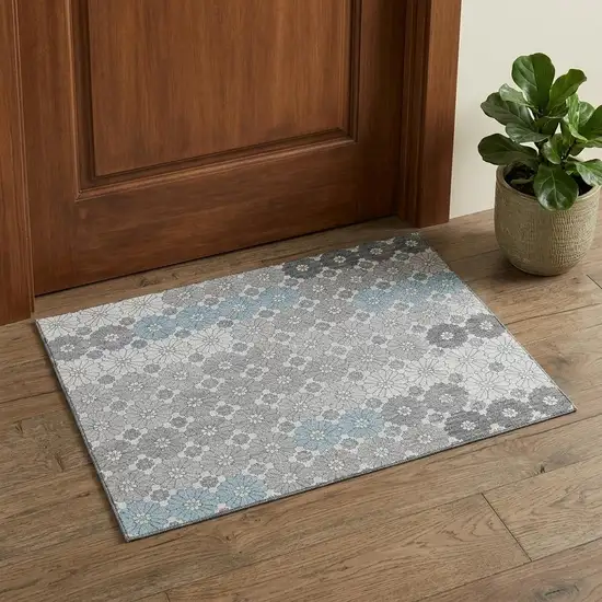Silver Gray And Blue Geometric Washable Area Rug With UV Protection Photo 1