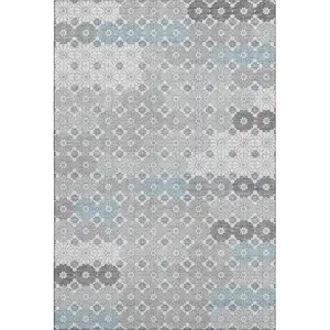 Photo of Silver Gray And Blue Geometric Washable Area Rug With UV Protection