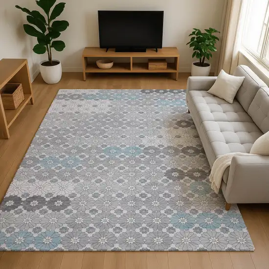 Silver Gray And Blue Geometric Washable Area Rug With UV Protection Photo 4