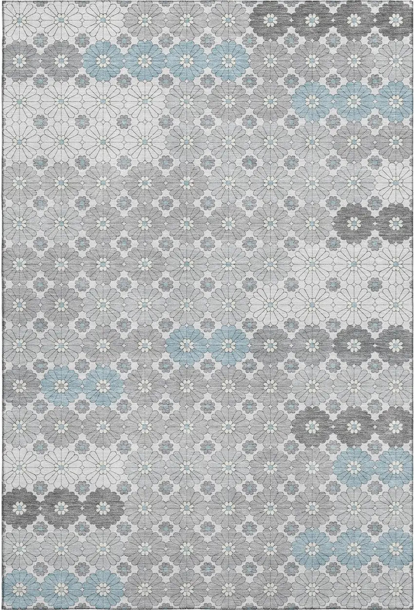 Silver Gray And Blue Geometric Washable Area Rug With UV Protection Photo 1