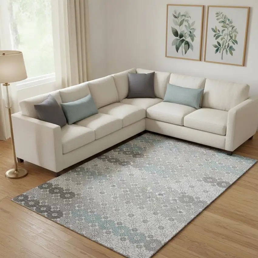 Silver Gray And Blue Geometric Washable Area Rug With UV Protection Photo 2