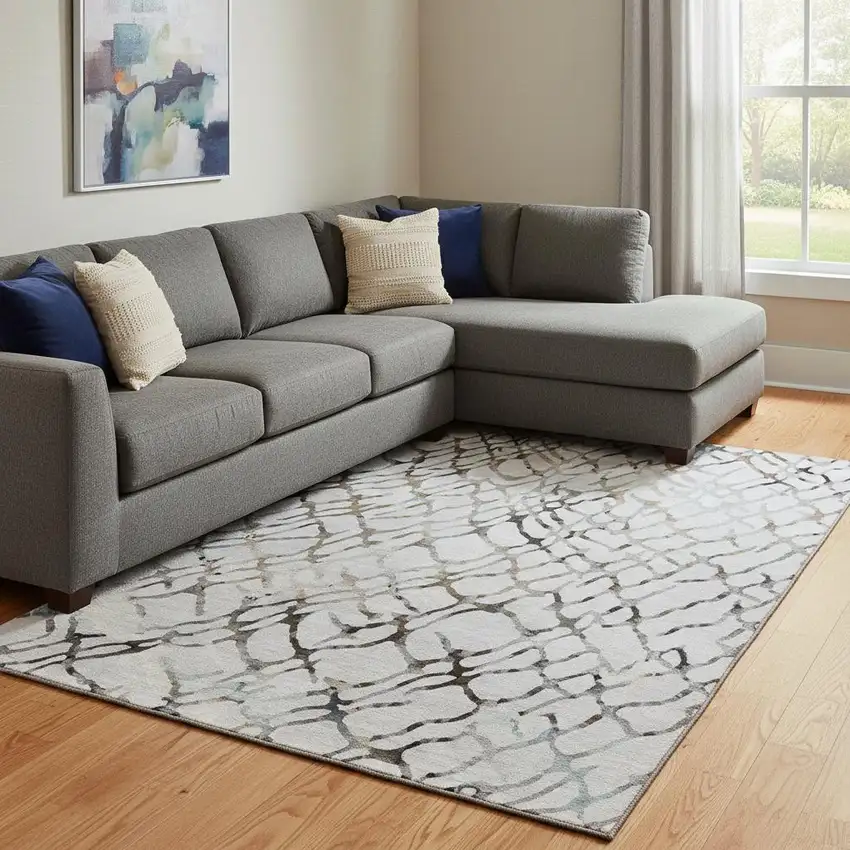 Silver Gray And Brown Abstract Washable Area Rug With UV Protection Photo 1