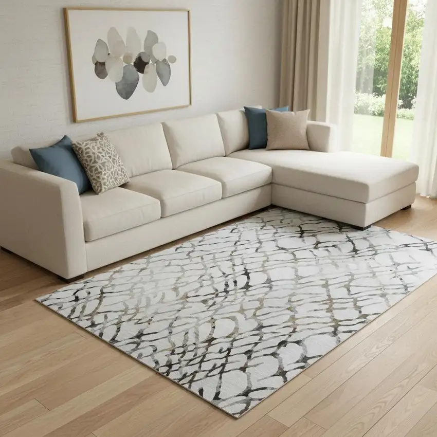 Silver Gray And Brown Abstract Washable Area Rug With UV Protection Photo 1