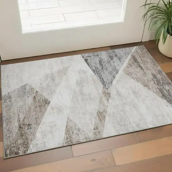 Silver Gray And Brown Geometric Washable Area Rug With UV Protection Photo 2