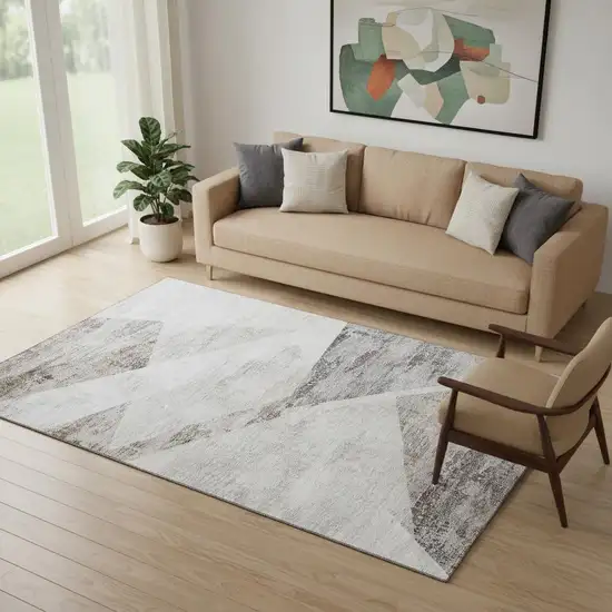 Silver Gray And Brown Geometric Washable Area Rug With UV Protection Photo 1