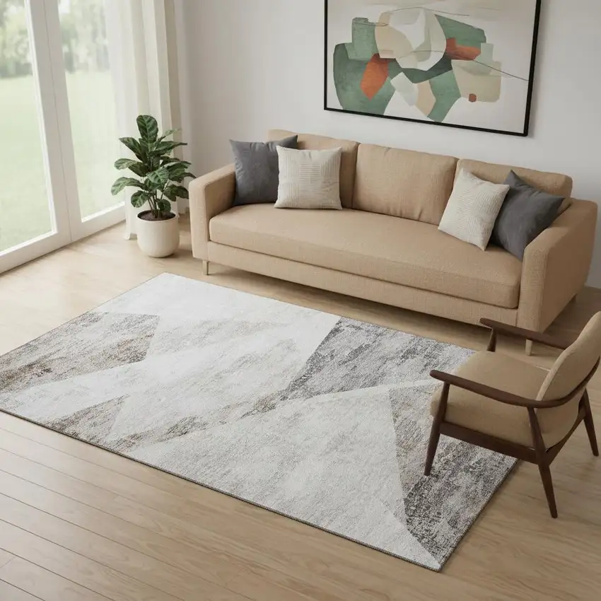 Silver Gray And Brown Geometric Washable Area Rug With UV Protection Photo 1